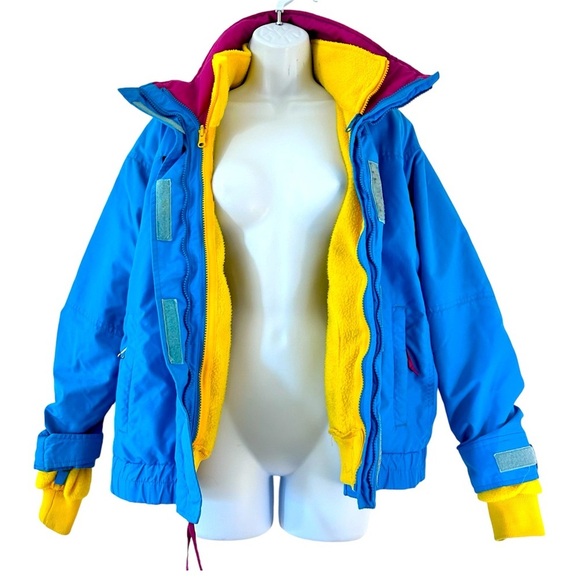 COLUMBIA BUGABOO Vintage 80/90s 3-in-1 Ski Coat Jacket Blue Pink Yellow Women L - Picture 2 of 16